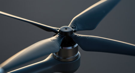 Sleek drone propeller with four dark blades and a metallic hub, captured in a detailed close up. represents modern technology, aerial photography, and innovation.の素材