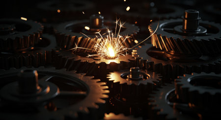 Close up of interlocking metal gears with a bright spark in the center, representing a chain reaction, industrial process, innovation, and interconnected systems.の素材
