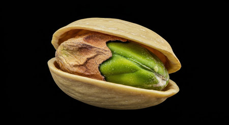 Single pistachio nut with its shell partially open, showcasing the vibrant green kernel. a healthy snack, rich in flavor and nutrients, often used in cooking and desserts.の素材