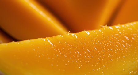 Fresh, vibrant orange mango slice in a detailed macro close up, highlighting its juicy texture and rich color. perfect for healthy food, tropical fruit, and summer concepts.の素材