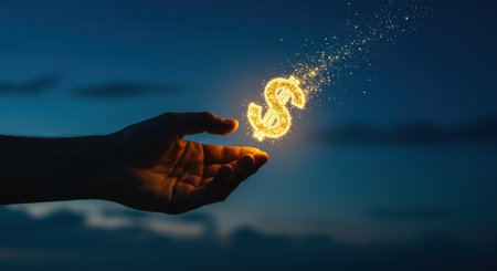 Hand reaching out to catch a sparkling golden dollar sign against a dark blue sky, symbolizing financial success, wealth, and opportunity.の素材