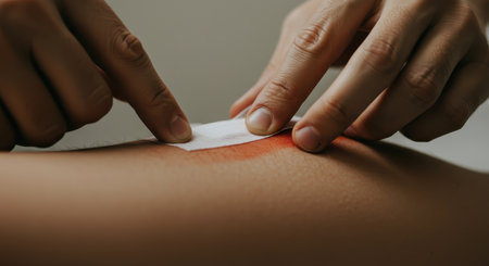 Human hands carefully applying a white adhesive bandage to a red, injured area on the skin, demonstrating first aid and wound care. focus on medical treatment and health.の素材