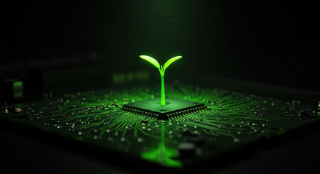 Vibrant green seedling growing from a microchip on a dark circuit board, illuminated by a soft glow. represents eco friendly technology, sustainable innovation, and the integration of nature with digital advancements.の素材