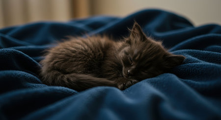 Dark kitten sleeping soundly, curled up on a soft blue blanket. peaceful domestic animal resting, symbolizing comfort, warmth, and tranquility in a cozy home environment.の素材