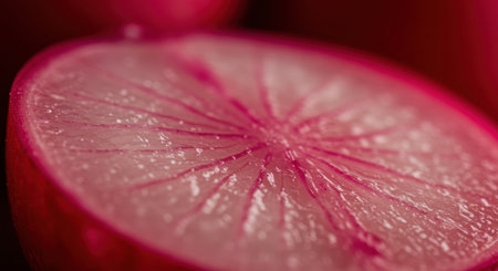 Fresh red radish slice in a macro close up, revealing its intricate internal structure and vibrant pink veins. crisp texture and natural details are highlighted, emphasizing freshness and healthy eating.の素材