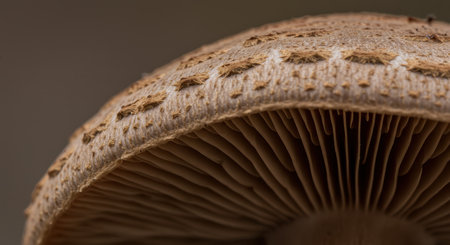 Fresh mushroom cap, seen from below, revealing intricate gills and a textured surface. natural lighting emphasizes organic details and earthy tones.の素材