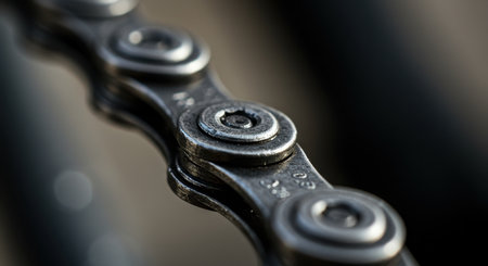 Shiny metallic bicycle chain links in a close up shot, highlighting intricate details and texture. represents connection, movement, and mechanical engineering.の素材