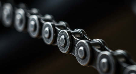 Shiny metallic bicycle chain links in a detailed close up shot, showcasing the intricate engineering and texture. represents connection, strength, and movement.の素材