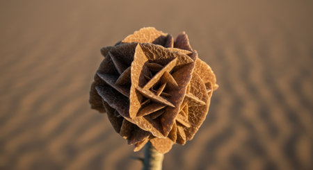 Desert rose mineral formation, a unique gypsum or barite aggregate resembling a rose, showcasing intricate crystalline layers and natural textures against a blurred sandy background.の素材