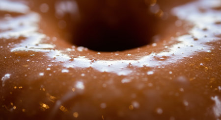 Fresh donut with a rich, glossy brown glaze and delicate sugar sprinkles, captured in a detailed close up. emphasizes texture, sweetness, and indulgence.の素材