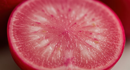Fresh red radish slice in a macro close up, revealing its vibrant pink interior, intricate texture, and crisp, juicy appearance. healthy, organic vegetable detail.の素材