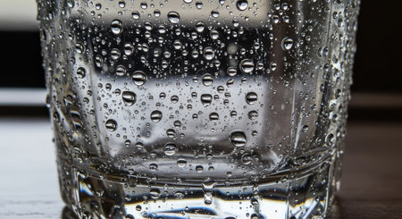 Clear glass covered in numerous water droplets, showcasing condensation and reflections. evokes feelings of refreshment, coolness, and pure hydration.の素材