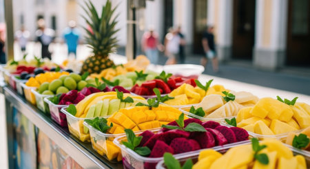 Colorful array of sliced tropical fruits like mango, dragon fruit, and grapes, neatly arranged in plastic containers on a street food vendor cart. healthy snack option.の素材