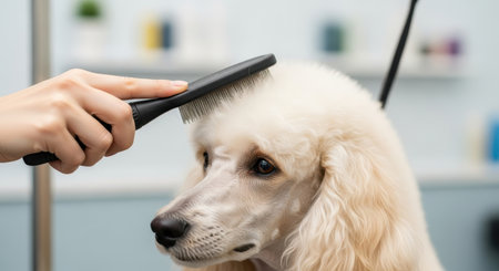 Close up of a groomer hand brushing the fluffy white fur on a poodle head. pet care, hygiene, and professional grooming service.の素材