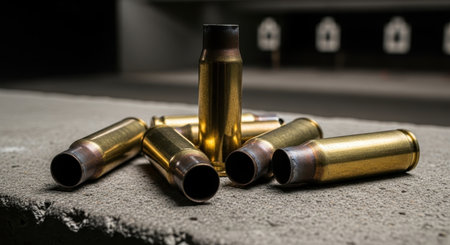 Shiny brass spent bullet casings scattered on a concrete surface at an indoor shooting range. represents gun control, defense, crime, and sport shooting.の素材