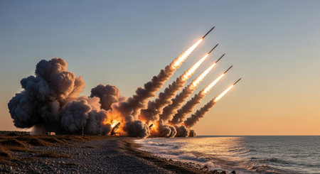 Multiple ballistic missiles launch simultaneously from a rugged coastline at dawn, creating massive smoke and fire. depicts military power, defense, and modern warfare technology.の素材