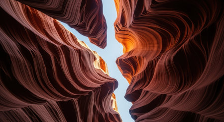 Intricate sandstone walls of a slot canyon, showcasing natural erosion patterns, vibrant orange and red hues, and a narrow view of the blue sky above. a geological wonder.の素材