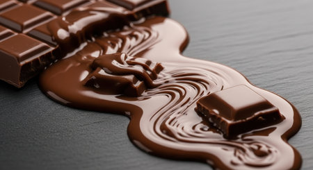 Milk chocolate bar partially melted, creating a smooth, glossy puddle with individual squares on a dark, textured surface. rich, sweet, and decadent dessert concept.の素材