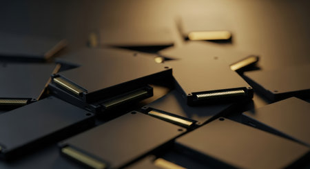 Glossy black external solid state drives ssds piled together, featuring gold connectors. represents modern digital data storage, high speed transfer, and advanced technology.の素材