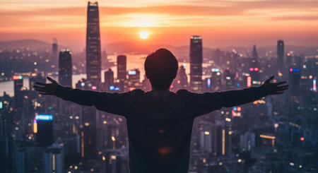 Man in silhouette with outstretched arms embracing a vibrant futuristic city skyline at sunset, symbolizing freedom, success, and achievement.の素材