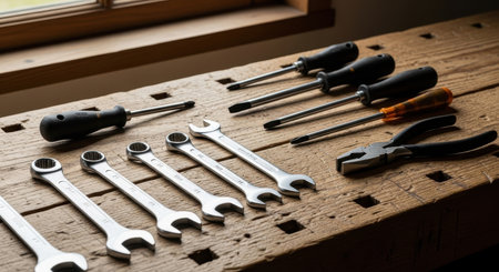 Assortment of metal wrenches, screwdrivers, and pliers neatly arranged on a textured wooden workbench, ready for repair or construction work. essential equipment for craftsmanship and DIY projects.の素材