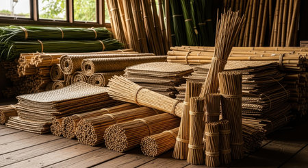 Bundles of natural rattan canes, woven palm frond mats, and green leaves meticulously sorted and stacked in a traditional workshop, ready for craft production.の素材