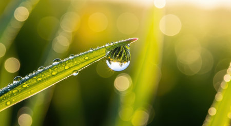 Glistening dewdrop on a vibrant green grass blade, reflecting surrounding nature with intricate detail. soft bokeh background symbolizes freshness, growth, and purity.の素材