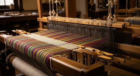 Antique hand loom showcasing intricate multicolored warp threads under tension, ready for weaving. traditional textile craft equipment in a workshop setting.の素材