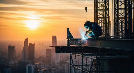 Construction worker in protective gear welding metal beams on a high rise building site, sparks flying against a golden sunset and urban skyline.の素材