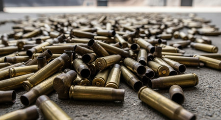 Numerous spent brass rifle casings lie on a textured concrete ground. symbolizes aftermath, gun violence, military action, and weapon use.の素材