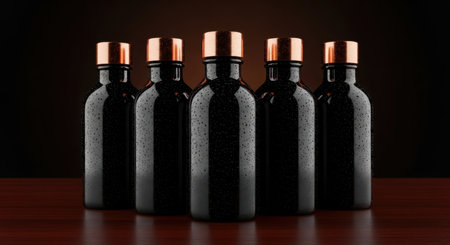 Five sleek black glass bottles with polished copper caps arranged in a row on a dark wooden surface. modern product packaging for beverages, cosmetics, or spirits.の素材