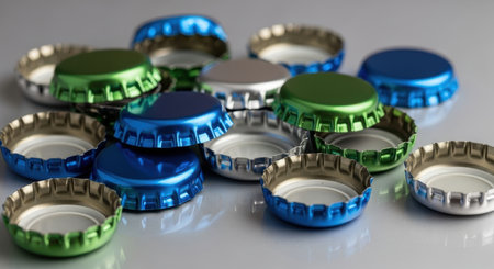 Shiny colorful metal bottle caps in blue, green, and silver, scattered on a smooth, reflective surface. represents recycling, beverage, and closure concepts.の素材