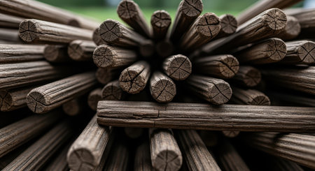 Weathered reclaimed wooden dowels stacked in a dense pile, revealing detailed grain patterns, cracks, and natural imperfections. rustic texture background.の素材