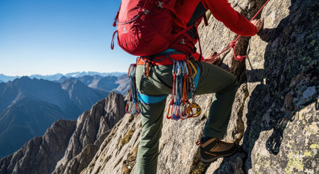 Professional mountain climber with red backpack and harness equipped with carabiners, ascending a rugged rock face under a clear blue sky, with majestic mountains in the background.の素材