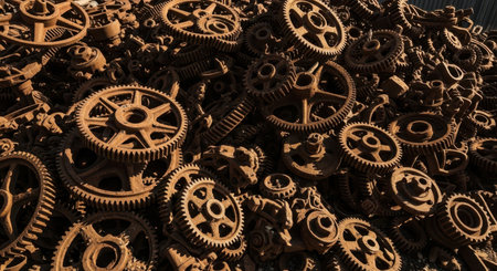 Pile of heavily rusted antique metal gears and cogs, showing intricate details and textures. represents industrial decay, forgotten machinery, and the passage of time.の素材