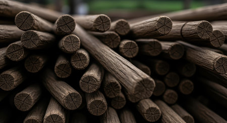 Dense pile of dark, weathered reclaimed wooden dowels, showcasing their unique grain patterns and imperfections. natural wood texture background, sustainable material concept.の素材