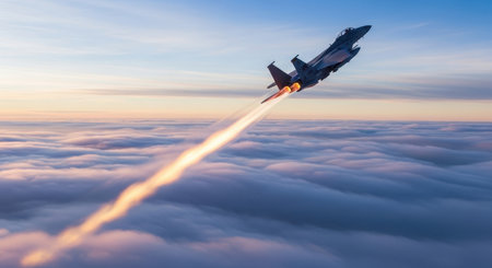 Military jet soaring above a sea of clouds, engine afterburner blazing a trail against the vibrant sky. dynamic aerial view of power and speed.の素材