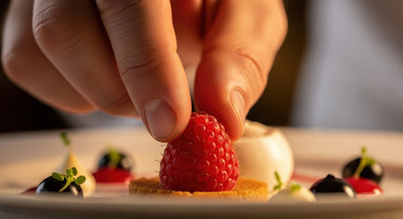 Professional chef hand carefully garnishing a gourmet dessert with a fresh red raspberry on a white plate, showcasing culinary art and precision plating.の素材