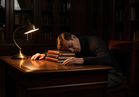 Exhausted man asleep on a stack of old books at a wooden desk in a dimly lit vintage library, illuminated by a warm desk lamp. represents burnout, overwork, and study fatigue.の素材