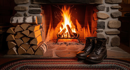 Warm stone fireplace with a bright crackling fire, neatly stacked birch firewood, and a pair of worn leather boots on a braided rug, creating a cozy atmosphere.の素材