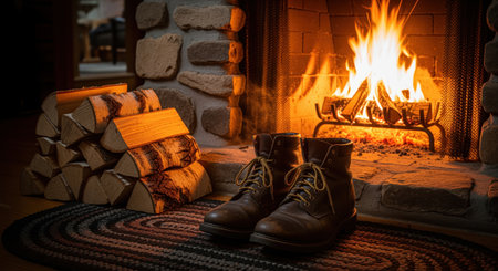 Rustic stone fireplace with a roaring fire, stacked birch firewood, and a pair of brown leather boots on a braided rug. cozy home interior scene.の素材