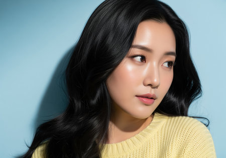 Young east asian woman with long, wavy black hair and radiant skin, wearing a yellow knit sweater, looking thoughtfully to the side against a light blue background.の素材