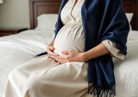 Pregnant woman sitting on a bed, hands gently embracing her baby bump. focus on maternity, expectation, and the journey to motherhood.の素材