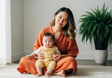 Asian mother sitting on a rug, holding her baby in a sunlit room with a green plant. family bonding, maternal love, and home life.の素材