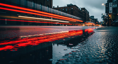 Vibrant red and yellow light trails from vehicles reflecting on a dark, wet asphalt city street after a heavy downpour. urban night scene with motion blur and reflections.の素材