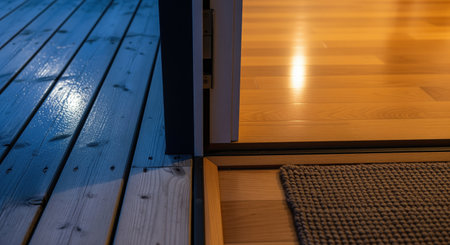 Wet wooden deck planks meet a brightly lit indoor hardwood floor with a doormat at the threshold, creating a contrast of environments.の素材