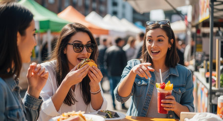 Three young women friends enjoying a sunny day at an outdoor street food market, eating tacos and drinking refreshing beverages. friendship, leisure, urban lifestyle.の素材
