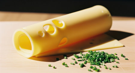 Rolled emmental cheese slice with visible holes, paired with fresh chopped chives on a rustic wooden board. food, dairy, cooking, ingredient.の素材