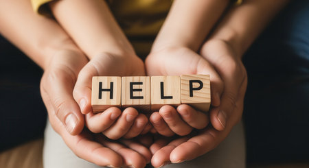 Adult hands gently support child hands holding wooden blocks spelling HELP, symbolizing support, care, and assistance.の素材