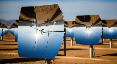 Parabolic trough solar collectors reflecting the blue sky and desert landscape, part of a large scale renewable energy power plant.の素材